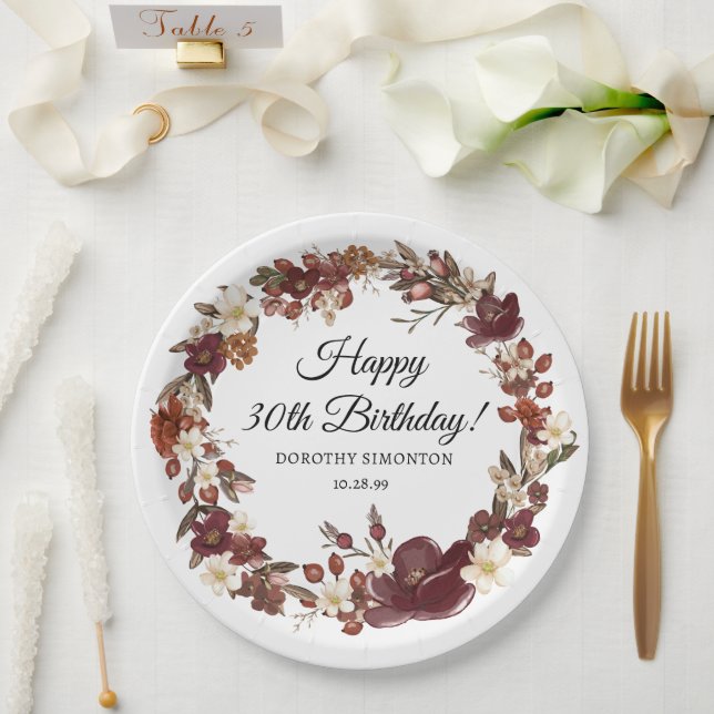 Burgundy Red Mauve Fall Flowers 30th Birthday Paper Plate (Wedding)