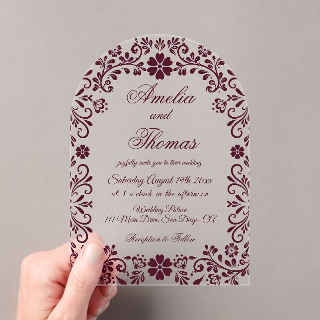 Burgundy Red Mexican Talavera Wedding  Acrylic Invitations (Insitu (Handheld))
