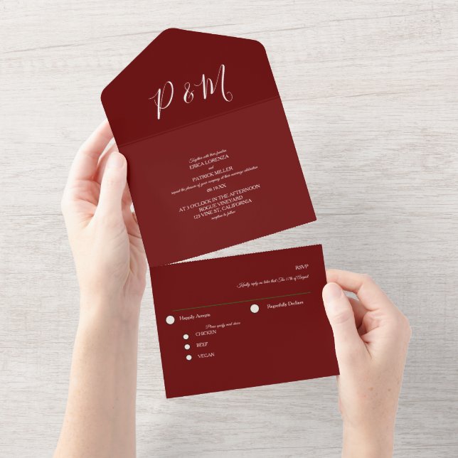 Burgundy Red Minimalist Elegant Script  All In One Invitation (Tearaway)