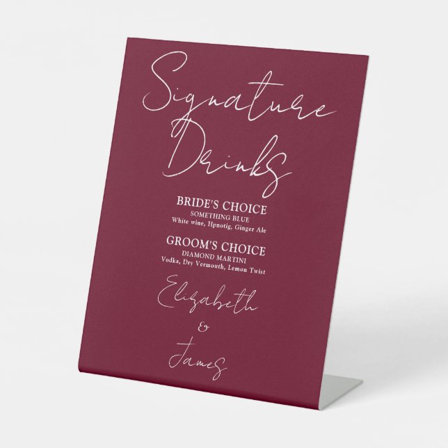 Burgundy Red Minimalist Script Signature Drinks Pedestal Sign