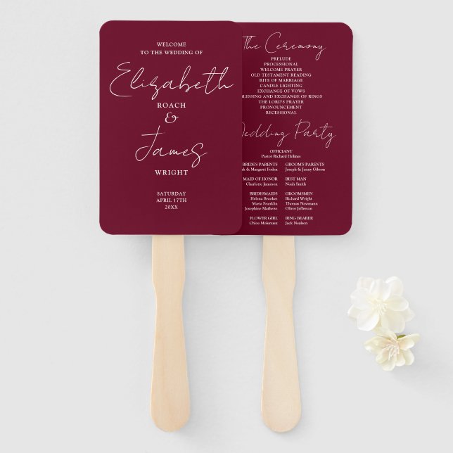 Burgundy Red Minimalist Script Wedding Program Hand Fan (Front and Back)