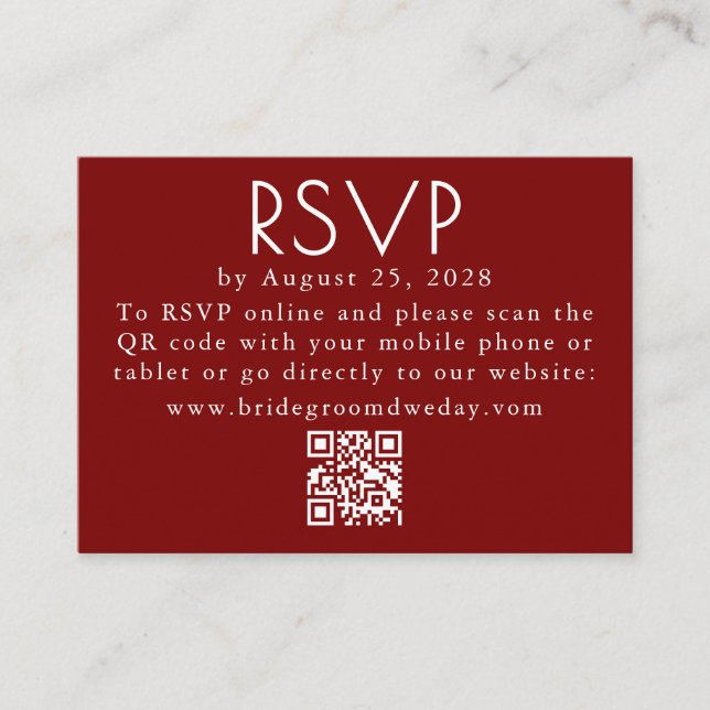 Burgundy Red Modern Minimalist Wedding QR RSVP Enclosure Card (Front)