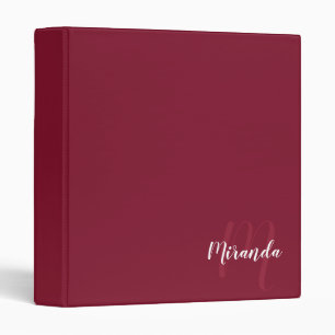 Burgundy Red Modern Script Monogram and Name Binder