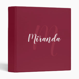 Burgundy Red Modern Script Monogram and Name Binder