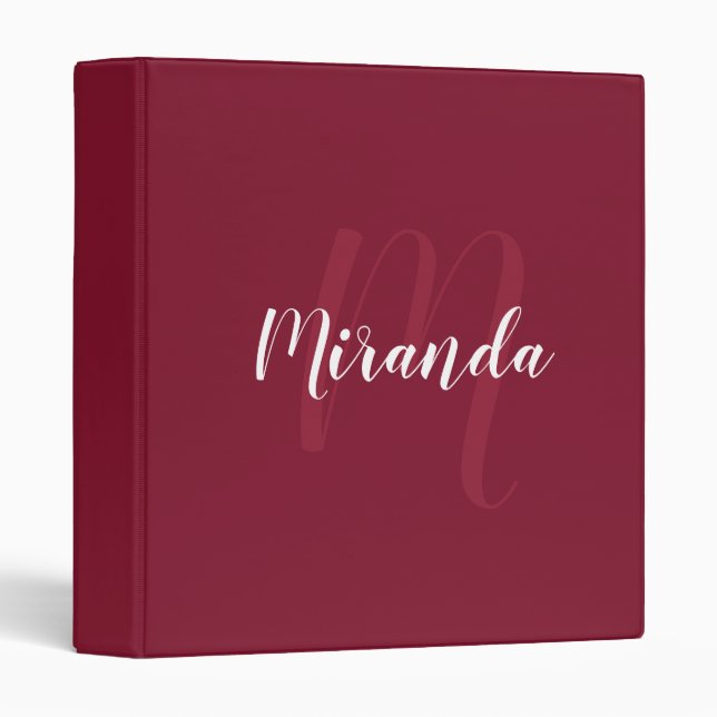 Burgundy Red Modern Script Monogram and Name Binder (Front/Spine)