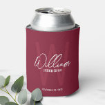 Burgundy Red Modern Script Personalized Groomsmen Can Cooler<br><div class="desc">Modern Minimalist Personalized Monogram and Name Gifts This design features personalized name in white modern handwriting script font style and monogram in light burgundy red modern sans serif font style as background, with wedding details in white modern sans serif font style, on burgundy red background. Also perfect for best man,...</div>