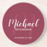 Burgundy Red Modern Script Personalized Groomsmen Coaster<br><div class="desc">Add a personal touch to your wedding with personalized groomsmen coaster. This coaster features personalized groomsmen's name in white modern script font style and monogram in light red modern script font style as background with title and wedding date in white modern sans serif font style on burgundy red background. Also...</div>