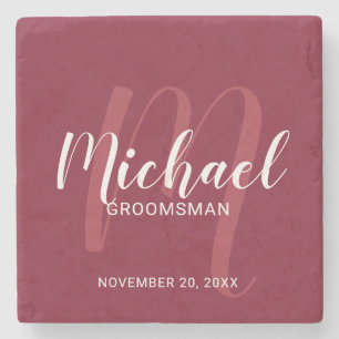 Burgundy Red Modern Script Personalized Groomsmen Stone Coaster