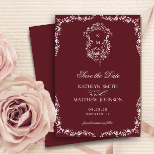 Burgundy Red Monogram Floral Vintage Crest Wedding Save The Date