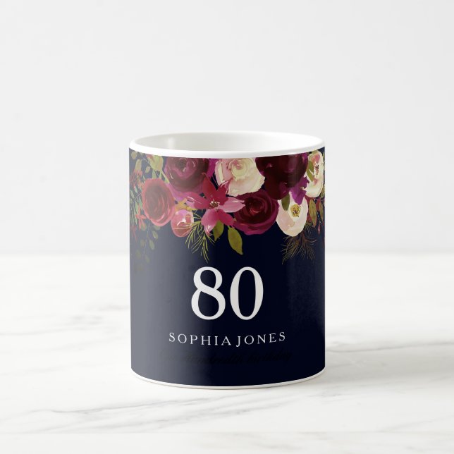 Burgundy Red Navy Blue Floral 80th Birthday Gift Coffee Mug (Center)
