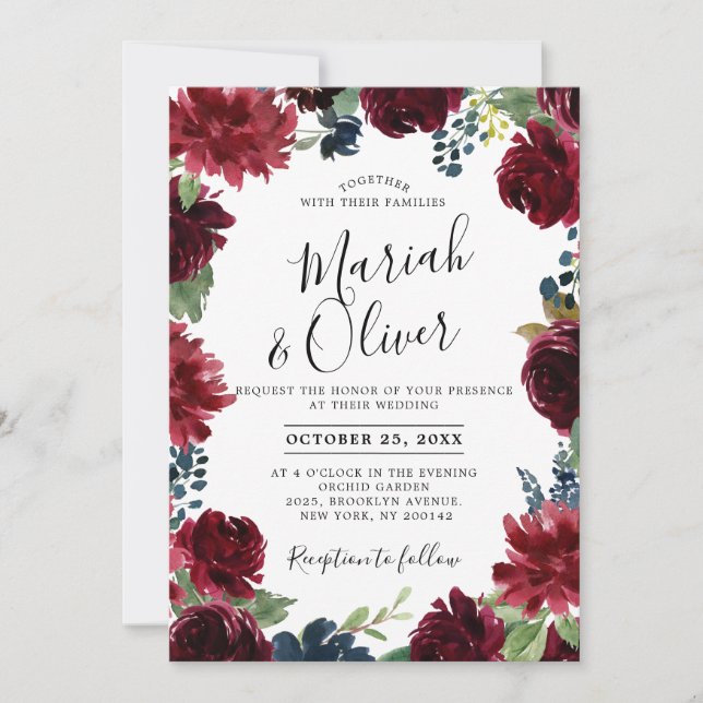 Burgundy Red Navy Blue Floral Boho Wedding Invitation (Front)