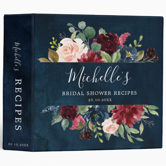 Burgundy Red Navy Blue Floral Bridal Shower Recipe Binder (Front/Spine)
