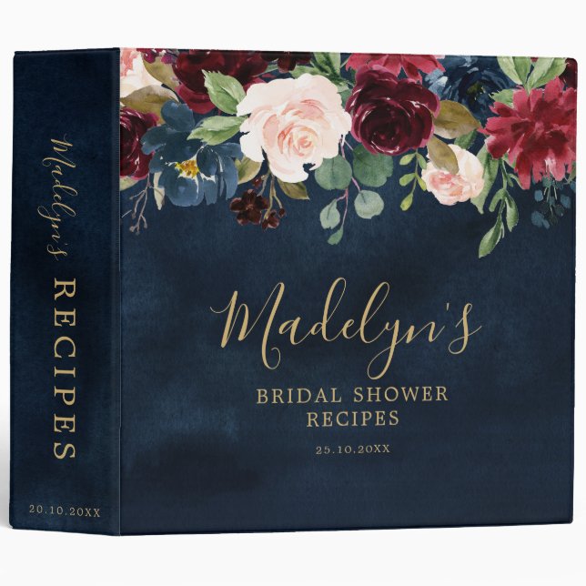 Burgundy Red Navy Blue Floral Bridal Shower Recipe Binder (Front/Spine)