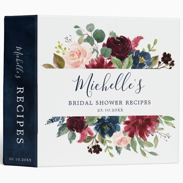 Burgundy Red Navy Blue Floral Bridal Shower Recipe Binder (Front/Spine)