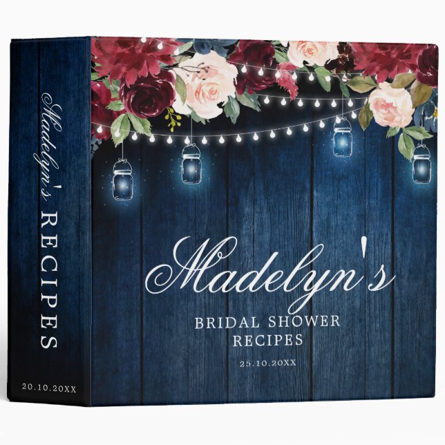 Burgundy Red Navy Blue Floral Bridal Shower Recipe Binder (Front/Spine)