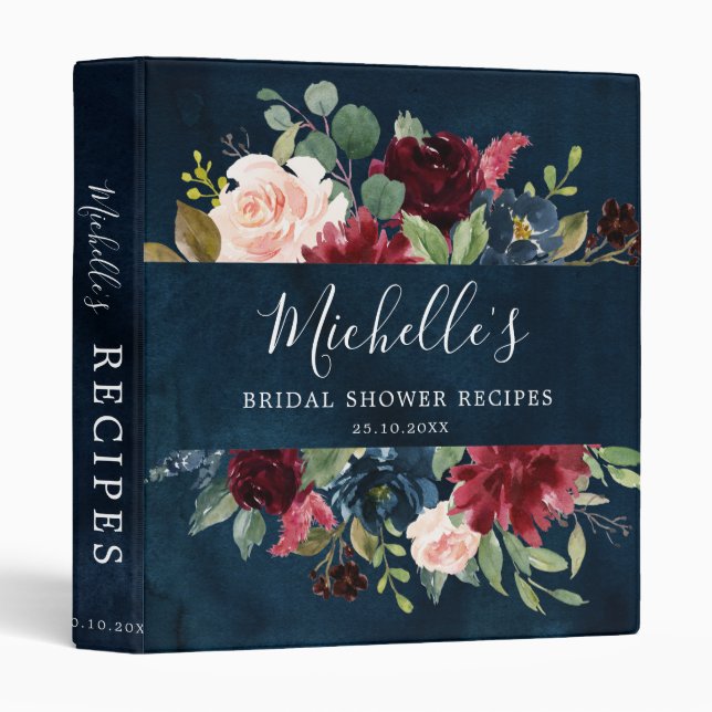 Burgundy Red Navy Blue Floral Bridal Shower Recipe Binder (Front/Spine)