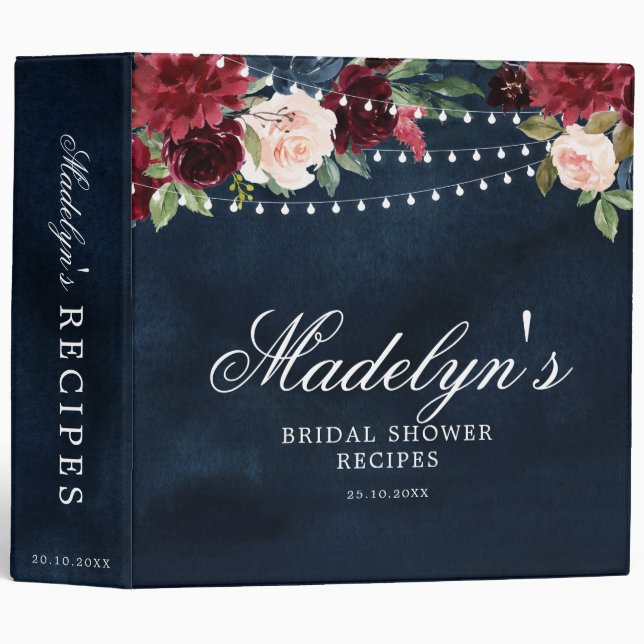 Burgundy Red Navy Blue Floral Bridal Shower Recipe Binder (Front/Spine)