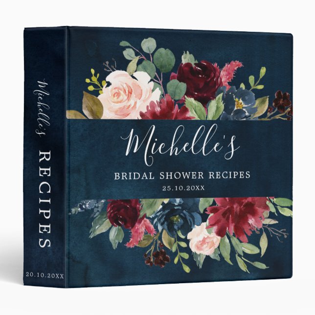 Burgundy Red Navy Blue Floral Bridal Shower Recipe Binder (Front/Spine)