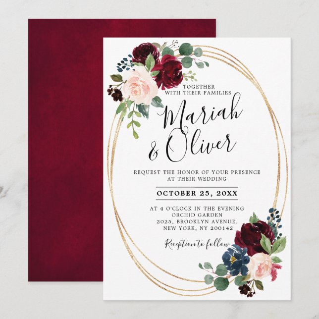Burgundy Red Navy Blue Floral Geometric Wedding Invitation (Front/Back)