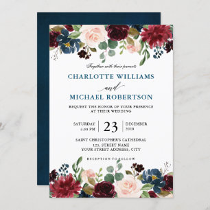 Burgundy Red Navy Blue Floral Rustic Boho Invitation