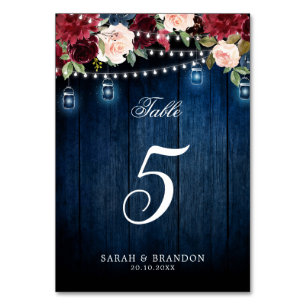 Burgundy Red Navy Blue Floral Table Number