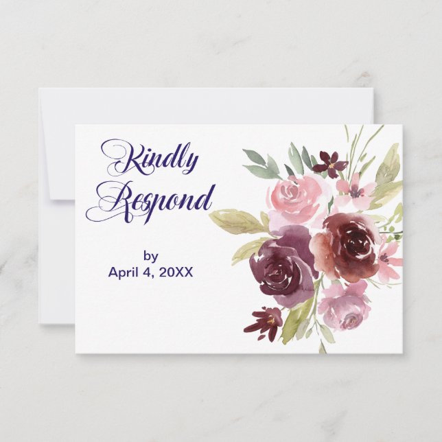 Burgundy Red Navy Blue Floral Wedding RSVP Card (Front)