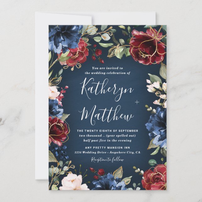 Burgundy Red Navy Blue Gold and Blush Pink Wedding Invitation (Front)