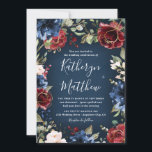 Burgundy Red Navy Blue Gold and Blush Pink Wedding Invitation<br><div class="desc">Design features beautiful watercolor floral elements in various shades of red,  burgundy,  blush pink and more with printed gold coloured geometric flower overlays,  greenery. etc.  over a navy blue watercolor textured (printed) background.</div>