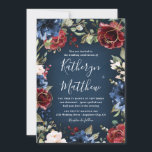 Burgundy Red Navy Blue Gold and Blush Pink Wedding Invitation<br><div class="desc">Design features beautiful watercolor floral elements in various shades of red,  burgundy,  blush pink and more with printed gold coloured geometric flower overlays,  greenery. etc.  over a navy blue watercolor textured (printed) background.</div>