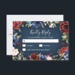Burgundy Red Navy Blue Gold and Blush Pink Wedding RSVP Card<br><div class="desc">Design features beautiful watercolor floral elements in various shades of red,  burgundy,  blush pink and more with printed gold coloured geometric flower overlays,  greenery. etc. over a navy blue watercolor textured (printed) background.</div>