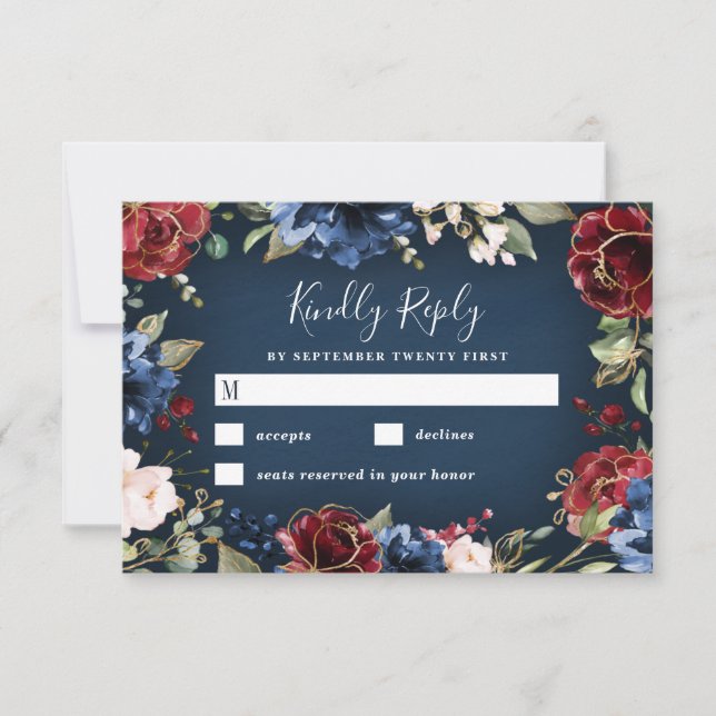 Burgundy Red Navy Blue Gold and Blush Pink Wedding RSVP Card (Front)