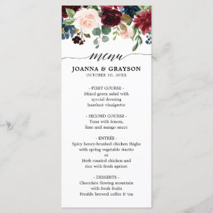 Burgundy Red Navy Blue Watercolor Floral Boho Menu