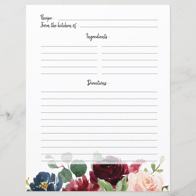 Burgundy Red Navy Blush Bridal Shower Recipe card (Back)