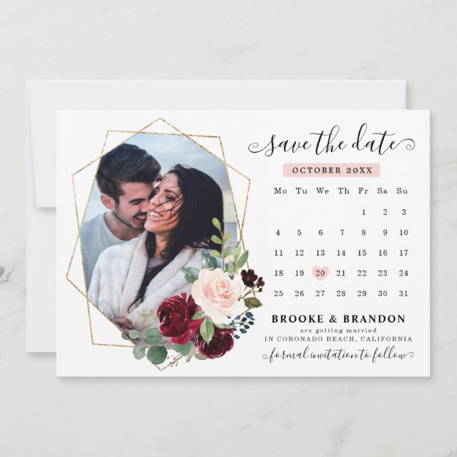 Burgundy Red Navy Blush Floral Photo Save the Date Invitation (Front)