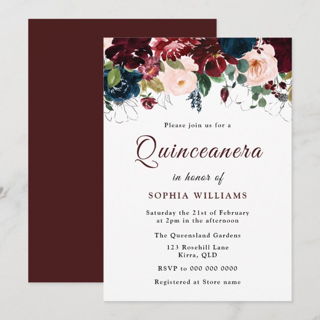 Burgundy Red, Navy Blush Floral Quinceanera Party Invitation (Front/Back)