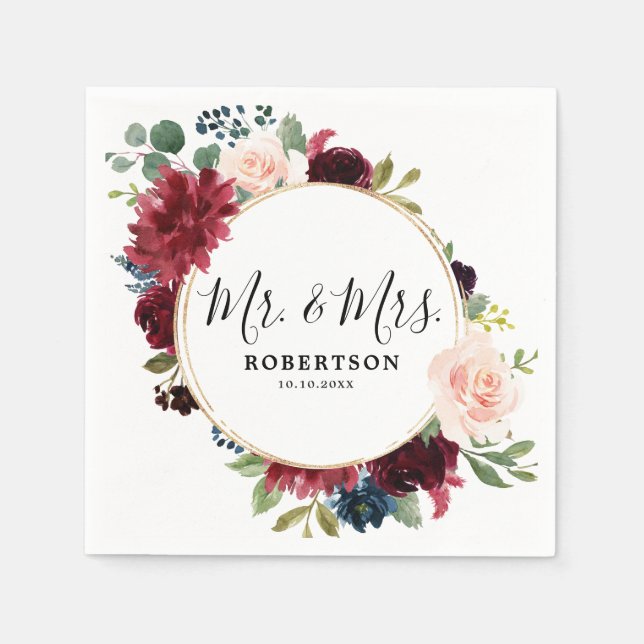 Burgundy Red Navy Blush Floral Rustic Boho Paper Napkin (Front)
