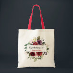 Burgundy Red Navy Floral Boho Bridesmaid gift Tote Bag<br><div class="desc">Romantic Watercolor Burgundy Red Navy Floral Rustic Boho Wedding / bridal shower bridesmaid gift tote bag. Perfect for a fall / midsummer wedding. The design features a stunning bouquet of burgundy / Marsala , peach , navy flowers with matching leaves. Please find more matching designs and variations in my "blissweddingpaperie"...</div>