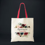 Burgundy Red Navy Floral Boho Bridesmaid gift Tote Bag<br><div class="desc">Watercolor Burgundy Red Navy Floral Rustic Boho Wedding / bridal shower bridesmaid gift tote bag. Perfect for a fall / midsummer wedding. The design features a stunning bouquet of burgundy / Marsala , peach , navy flowers with matching leaves. Please find more matching designs and variations in my "blissweddingpaperie" store....</div>