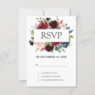 Burgundy Red Navy Floral Boho Wedding RSVP Card