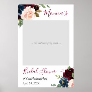 Burgundy Red Navy Floral Bridal Shower Photo Booth Poster