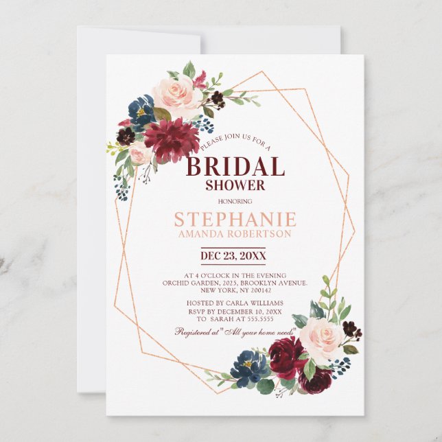 Burgundy Red Navy Floral Geometric Bridal Shower Invitation (Front)
