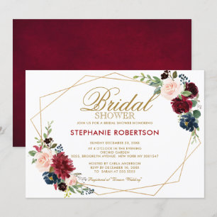 Burgundy Red Navy Floral Geometric Bridal Shower Invitation