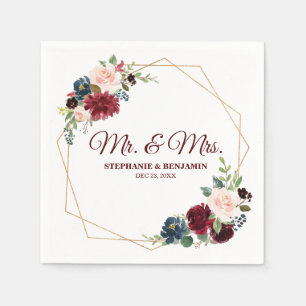 Burgundy Red Navy Floral Geometric Paper Napkin