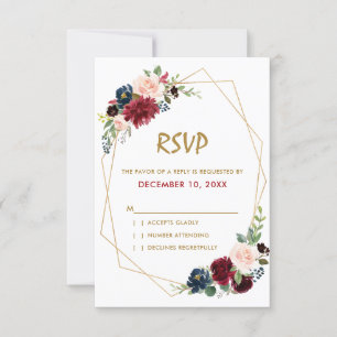Burgundy Red Navy Floral Geometric RSVP card