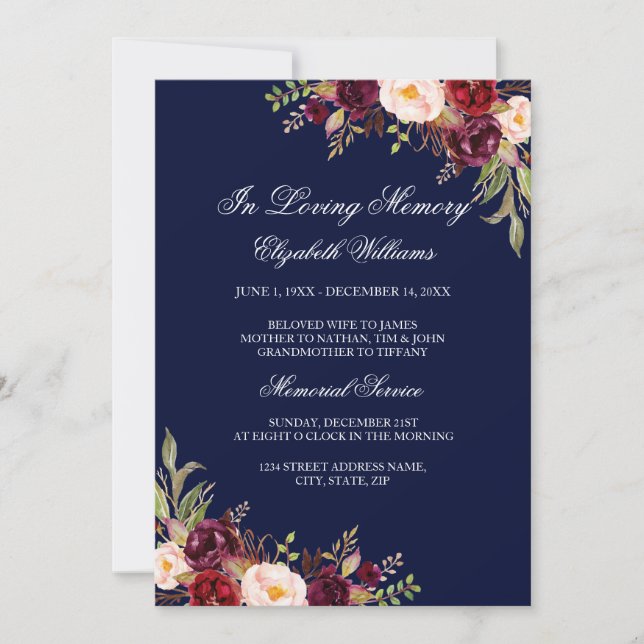 Burgundy Red Navy Floral Memorial Service Invitation (Front)