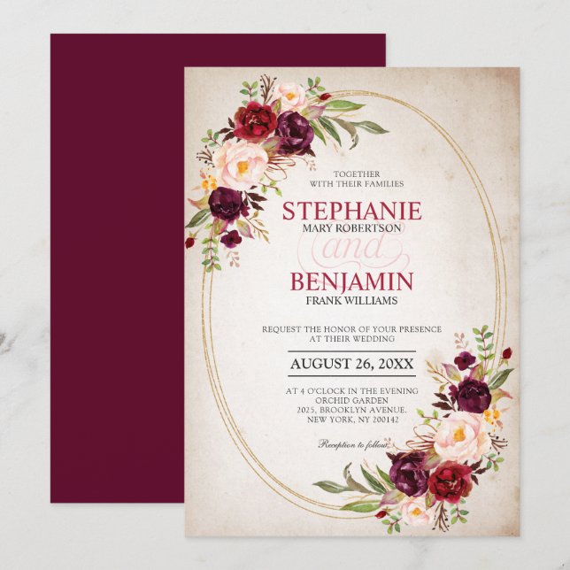 Burgundy Red Navy Floral modern geometric wedding Invitation (Front/Back)