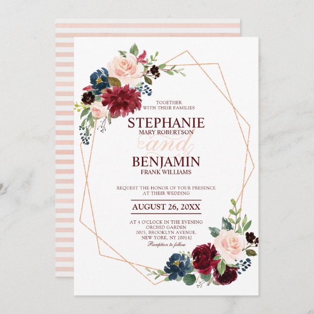 Burgundy Red Navy Floral modern geometric wedding Invitation (Front/Back)