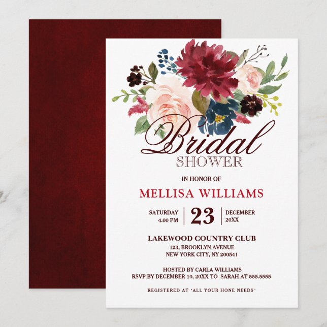 Burgundy Red Navy Floral Rustic Boho Bridal Shower Invitation (Front/Back)