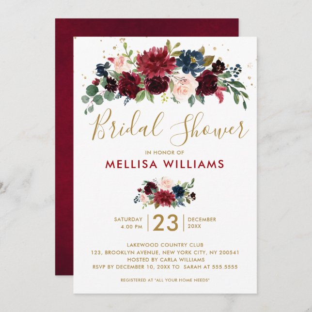 Burgundy Red Navy Floral Rustic Boho Bridal Shower Invitation (Front/Back)