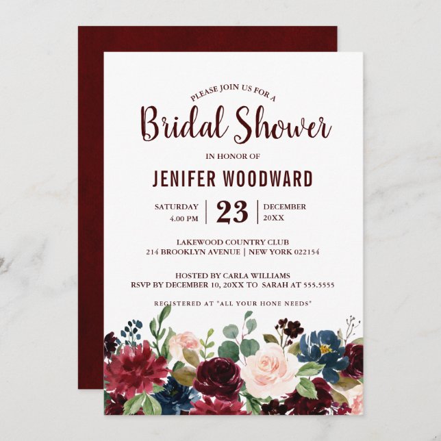 Burgundy Red Navy Floral Rustic Boho Bridal Shower Invitation (Front/Back)